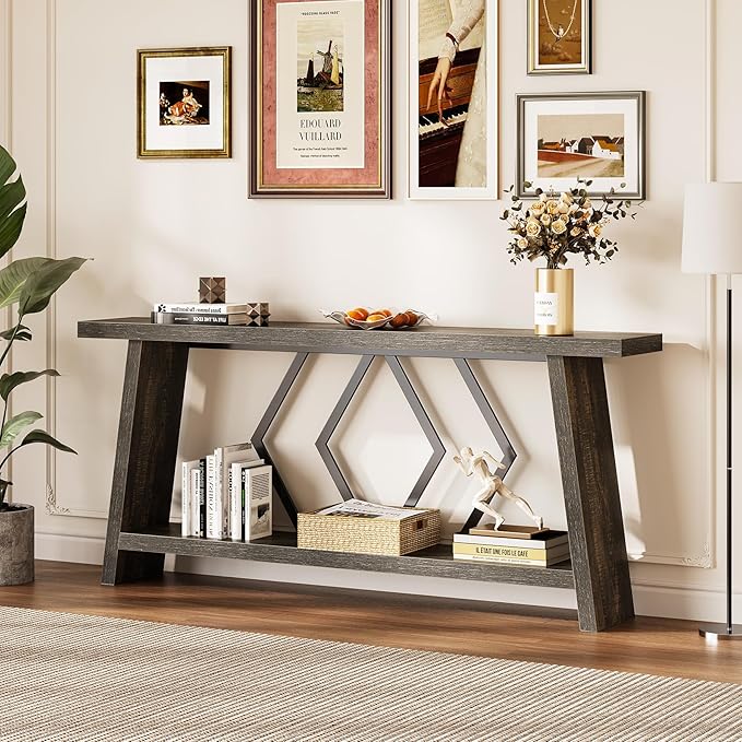 LITTLE TREE 70.9-Inch Console Table, Long Sofa Table Behind Couch, Farmhouse Console with Shelf for Entryway, Living Room, Hallway, Dark Grey
