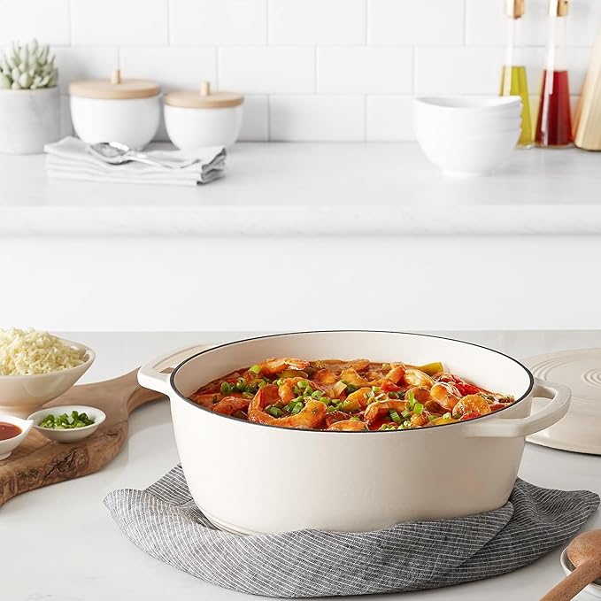 Amazon Basics Cast Iron Dutch Oven Pot with Lid, Enameled, Round, Dual Handles, Heavy-Duty, Large, 7.3-Quart, White