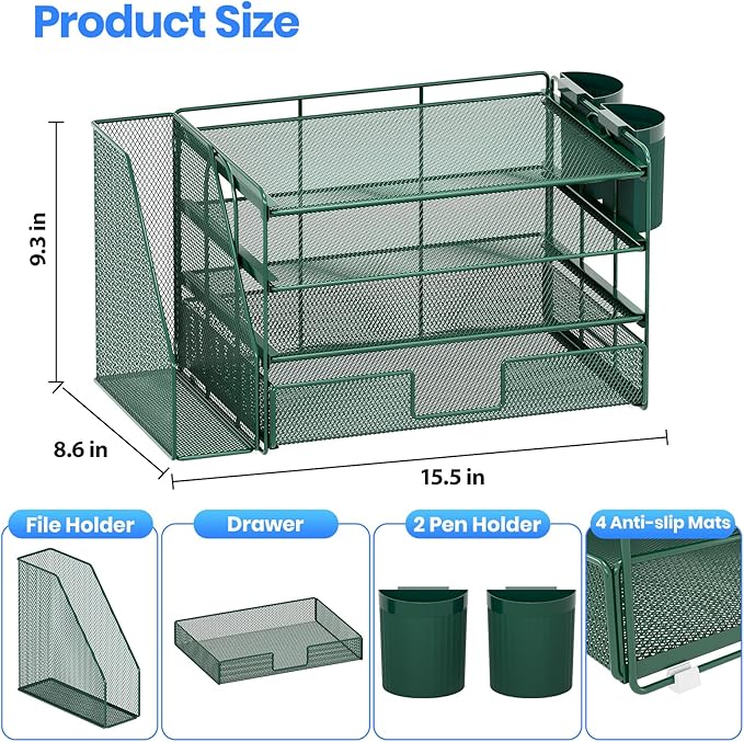 Desk Organizer and Accessories, 4-Tier Desktop File Organizer with Drawer and 2 Pen Holders, Office Desk Accessories for Office Supplies(Dark Green)