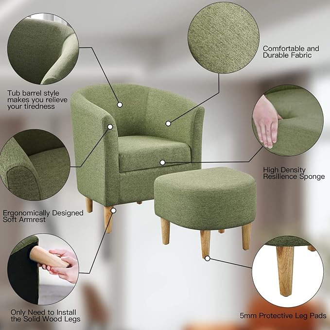 DAZONE Accent Chairs Set of 2 Mid Century Modern Chair with Ottoman Comfy Armchair Footrest Set Comfortable Living Room Chairs Upholstered Barrel Club Tub Sofa Chair for Bedroom Reading Room Green