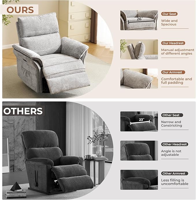 Oversized Power Recliner Chairs for Adults with Massage and Heat, Power Swivel Rocker Recliner Chair with Adjustable Headrest, 26" Extra Wide Rocker Nursery Recliner with USB Port, Light Grey