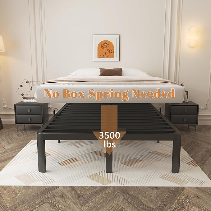 14 Inch Queen Bed Frame, Black Bed Frame Queen Size with Metal Baffles, No Box Spring Needed, Heavy Duty Steel Platform Support to 3500LBS, Round Corner Design, Noiseless, Storage Space
