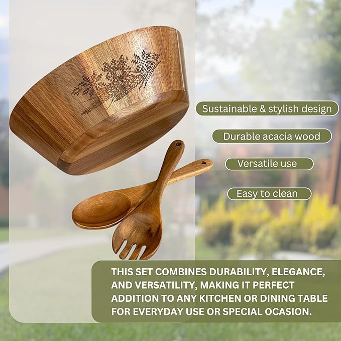 Large Wooden Salad Bowl Set, Eco-friendly Wooden Bowl, Handcrafted Acacia Wood Salad Bowl for Kitchen & Dining