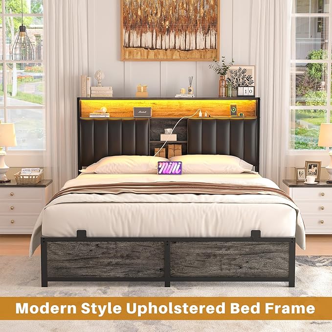 Aheaplus Full Bed Frame with Charging Station & Led Lights, Platform Bed with Leather Upholstered Headboard and Storage, Metal Slats Support, No Box Spring Needed, Noise-Free, Black Oak