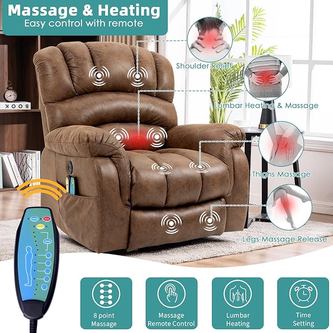 MEETWARM Large Power Lift Electric Recliner Chair with Extended Footrest for Elderly, Big and Tall Lift Chair for Seniors Reclining Chair for Living Room with Massage and Heated,USB Ports(Brown)