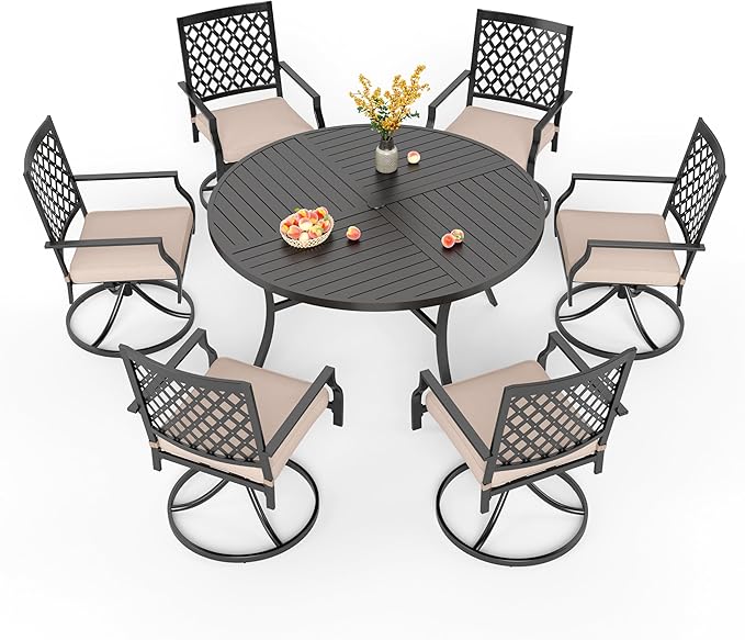 PHI VILLA 7 Pieces Outdoor Dining Set for 6, Round Metal Steel Table with Umbrella Hole & Swivel Wrought Iron Chairs with Cushions, Large Modern Furniture for Patio, Deck, Backyard, Porch