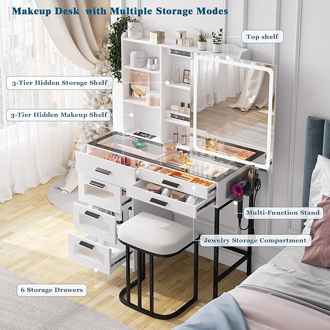 RGB Vanity Desk with Sliding Mirror and Lights, LED Makeup Vanitys with Charging Station, Glass Top Dressing Table Set with Jewelry Organizer,6 Drawers,Stool,Shelves for Bedroom(White)