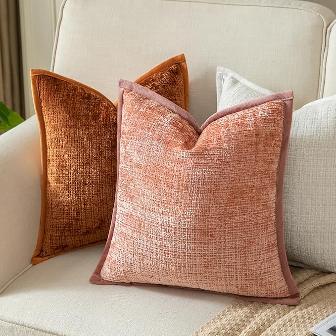 Yaertun Pack of 2 Chenille Textured Decorative Throw Pillow Covers Accent Solid Cushion Cover Soft Cozy Pillow Case with Velvet Back for Couch Sofa Bed Living Room 20x20 Inch Pink