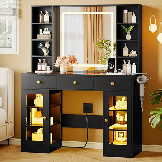 Makeup Vanity Desk with HD Lighted Mirror & Power Outlet, Glass Top Vanity Table Set with Storage Drawers & RGB Cabinets, Large Dressing Table with 3 Lighting Modes for Bedroom Women Girls Kids, Black