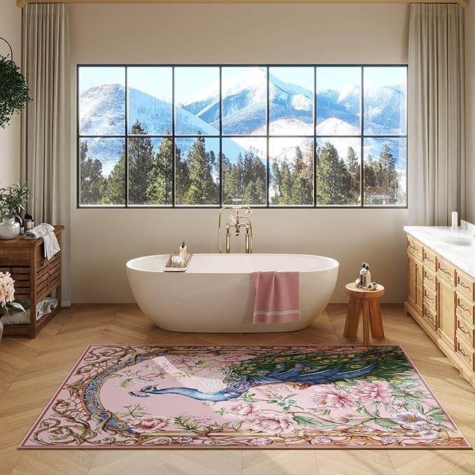 Area Rug 4x6 Rug Washable Floral Peacock Rugs Non Slip Low Pile Floral Animal Small Carpet for Bedroom, Bedside, Kids Room, Office, Dining Room (Pink)