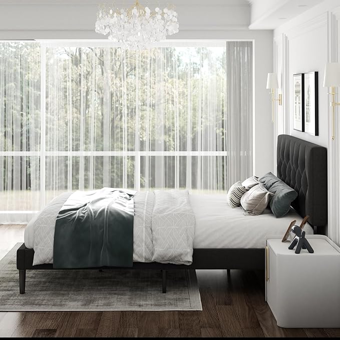 Full Size Platform Bed Frame with Upholstered Headboard, Button Tufted Design, Strong Wooden Slats, No Box Spring Needed, Easy Assembly, Noise Free