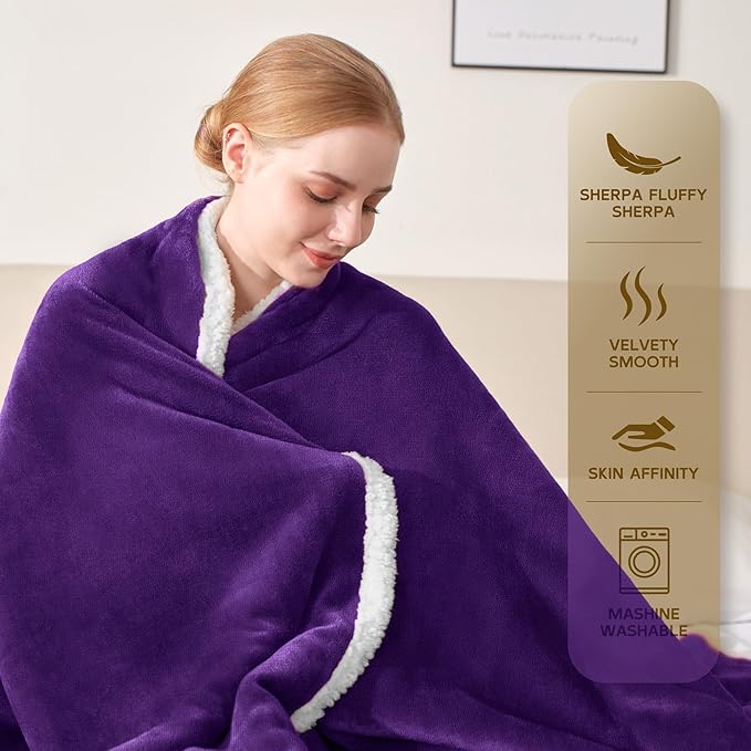 BEAUTEX Sherpa Fleece Throw Blankets, Soft Fluffy Flannel Plush Blanket and Throw, Fuzzy Cozy Purple Cuddle Blankets for Couch Bed Sofa Adults (50" x 60", Purple)