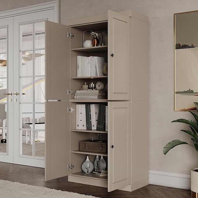 Palace Imports Solid Wood Bookcase - 6-Tier Bookshelf, 71.5” H - Beige, Wooden Cabinet Doors & Adjustable Shelves, Tall Bookcase for Living Room, 100% Renewable Eco-Friendly Wood, Made in Brazil
