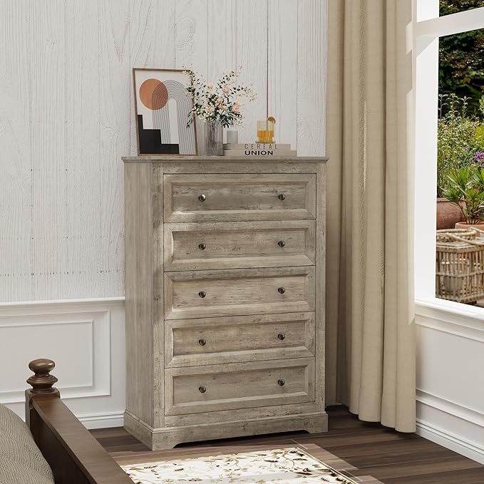 Farmhouse Dresser 5 Drawer, Bedroom Chest of Drawers, Dressers with 5 Drawers, Wooden Dressers for Bedroom, Living Room, Tv Stand, Entryway (Grey-5 Drawers)