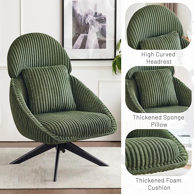 Furniliving Upholstered Swivel Accent Chair for Living Room, Modern Armchair Side Chair with Headrest Bedroom Chair with Metal Legs Comfy Sofa Chairs with Pillow, Large, Corduroy, Green