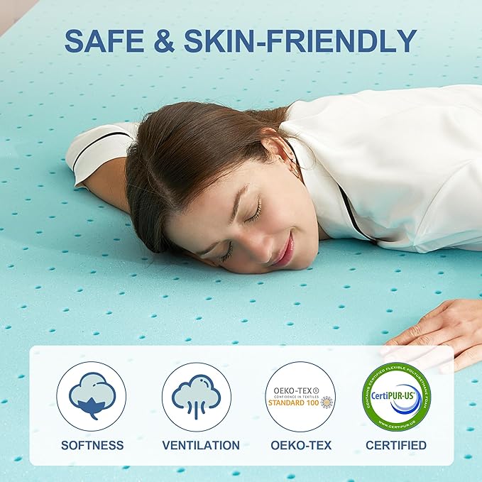 2 Inch Memory Foam Mattress Topper Full, Mattress Pad Gel Infused Foam Bed Topper, Ventilated Soft Blue,Full Size