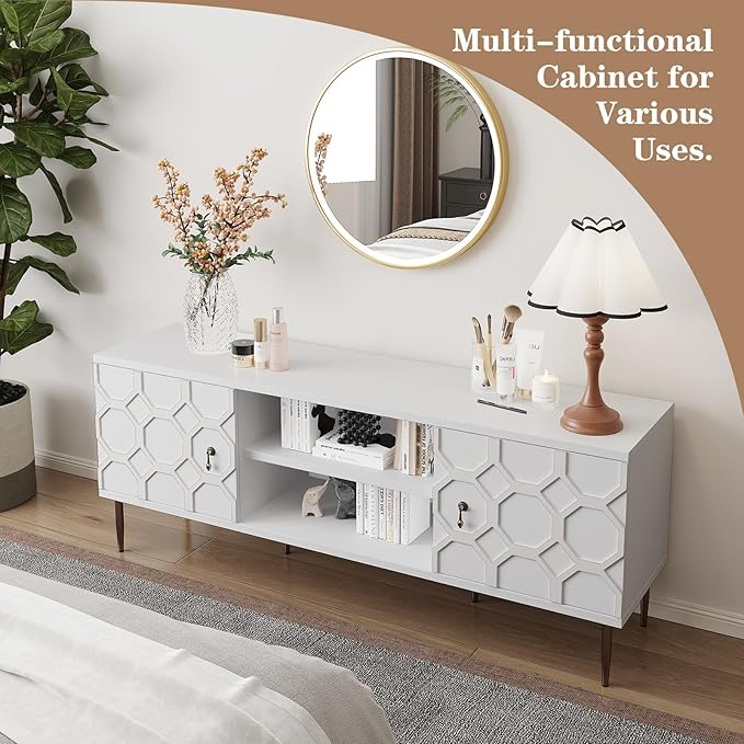 Modern TV Stand for 65/70inch TV, Entertainment Center with Storage Cabinet and Open Shelves, Embossed Pattern TV Stand, TV and Media Console for Living Room, Bedroom, White