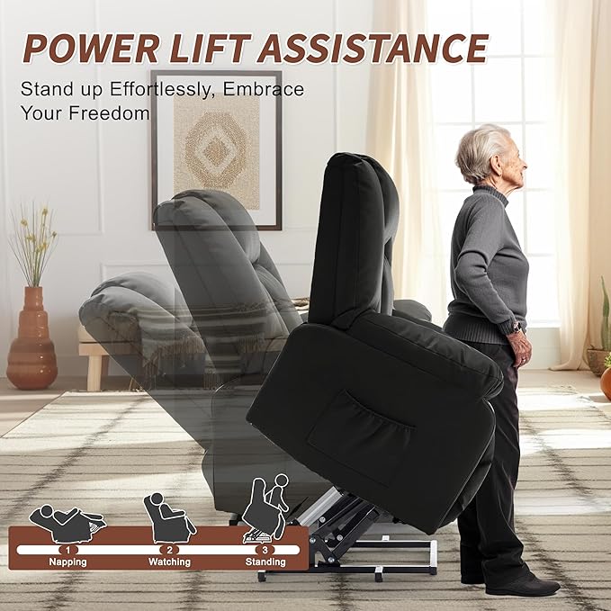 Oversize Dual Motor Power Lift Recliner for Adults, Electric Lift Chair with Heating and Massage, Waffle Leather Electric Recliner Chair with Side Pockets, Wide Recliner for Living Room