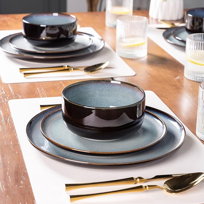 LERATIO Ceramic Dinnerware Sets for 4,12 Pieces Poreclain Plates and Bowls Sets,Scratch Resistant Dishes,Dishwasher & Microwave Safe,Oven Safe Dishes Set,Service for 4-Gray White