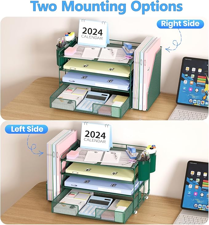 Desk Organizer and Accessories, 4-Tier Desktop File Organizer with Drawer and 2 Pen Holders, Office Desk Accessories for Office Supplies(Dark Green)