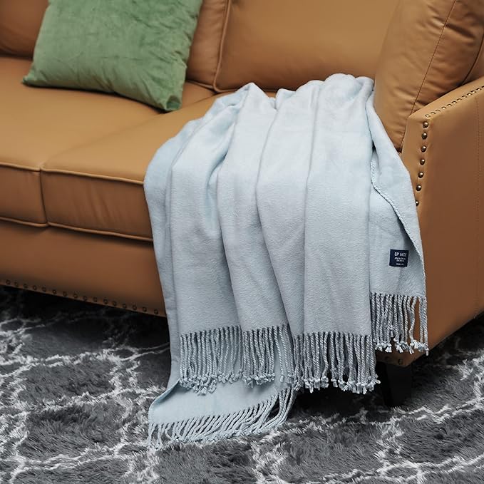 EP Mode Fringed Mulberry Silk Throw Blanket for Sofa (Baby Blue)
