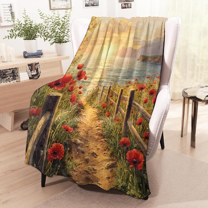 Sunset Flower Blanket, Cozy Flannel Red Wildflowers & Ocean View Throw Blanket for Couch Outdoor, Plush Soft Lightweight Travel Blankets for Bed Decor and Gifts, for Women Adults Kids 50"x60"