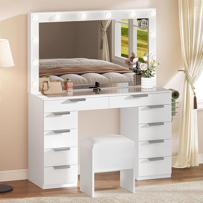 YITAHOME 46" Glass Top Vanity Desk with Mirror with Lights, Large Makeup Vanity Set with 10 Drawers & Storage Stool, Power Outlet, Dressing Table with 3 Adjustable Light Modes, Dressing Room, White