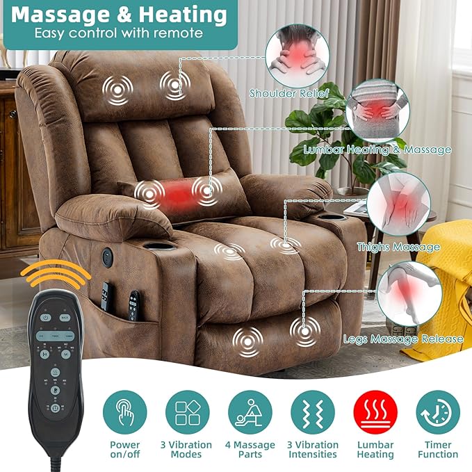 MEETWARM Oversized Dual Motor Lay Flat Power Lift Recliner Chair for Big Elderly with Heat Massage, Large Sleeping Electric Recliner with Extended Footrest, Lumbar Pillow, USB & Type-C Ports, Brown