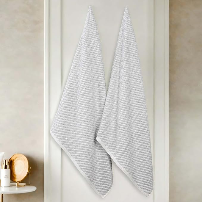 Superior Amelia Viscose Cotton Blend Medium Weight Bath Sheets, for Bathroom, Shower, Spa, Plush, Quick Dry, Ultra-Soft Towels, Essentials, Ribbed Design, Oversized Towels, Set of 2, Platinum