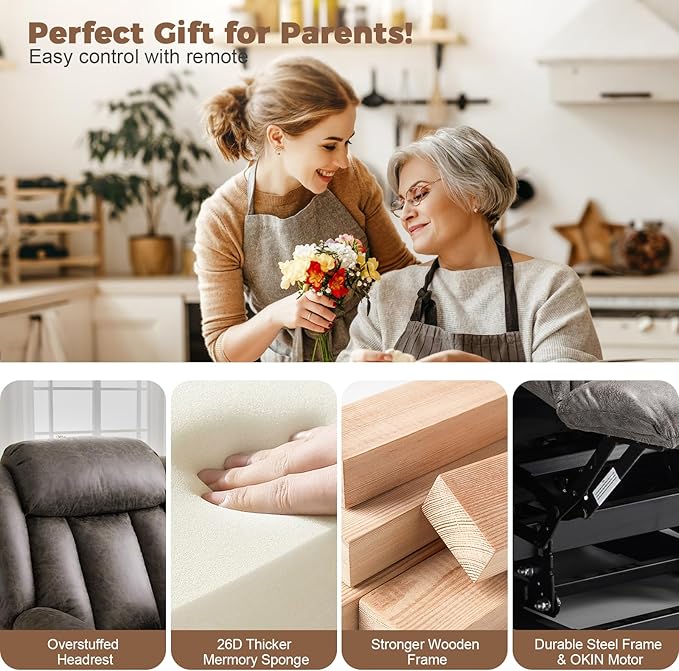 HUSFU Oversized Power Lift Recliner Chairs for Elderly with Massage and Heat, Extra Wide Recliners,Breathable Leather Lift Chairs w/Cup Holders, USB & Type-C Ports, Matte Grey