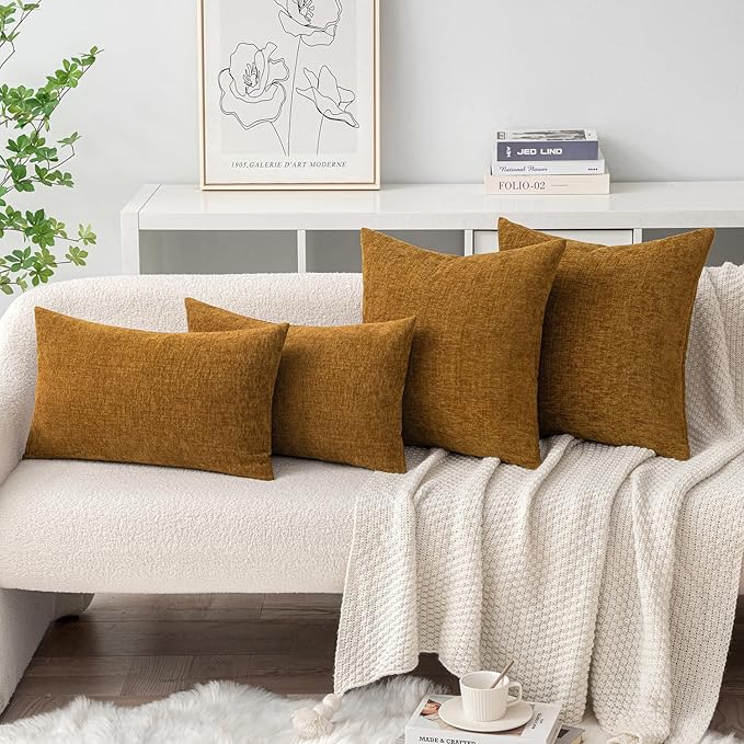 MIULEE Pack of 2 Couch Throw Pillow Covers 12x20 Inch Soft Mustard Chenille Pillow Covers for Sofa Living Room Solid Dyed Pillow Cases