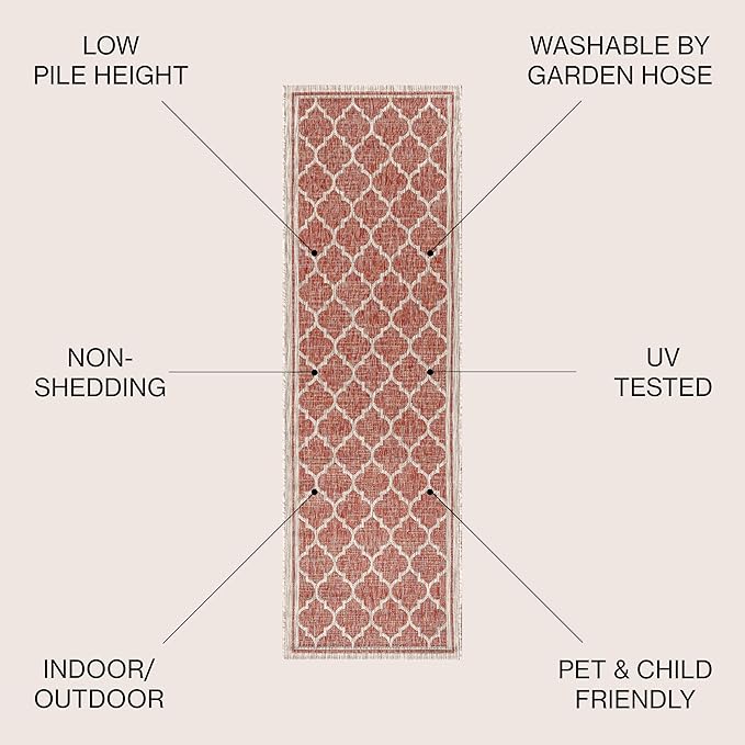 Eyely BMS109C-220 Santa Monica Trebol Moroccan Trellis Textured Weave, Pet Friendly, Non-Shedding, Stain Resistant, Easy-Cleaning, Red/Beige, 2 ft. x 20 ft., Indoor/Outdoor, Runner Rug