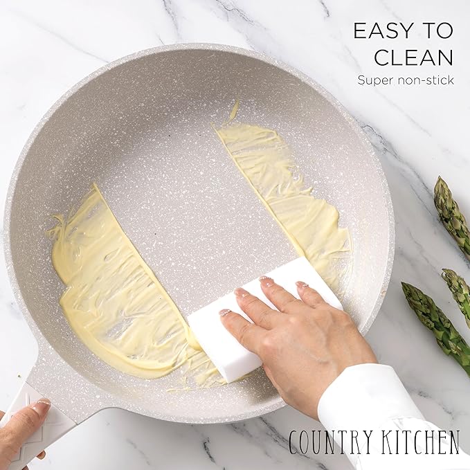 Country Kitchen Non-Stick Cast Aluminum Cookware Set - Durable Kitchen Cookware for Everyday Cooking, Cream Rhombus, 11 Pc.