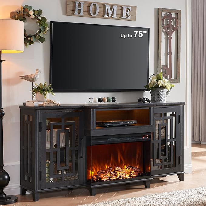 JXQTLINGMU Fireplace TV Stand for 75" TV, 32" Tall Farmhouse Entertainment Center with 26'' Electric Fireplace & LED Light, Rustic Media Console with 2 Large Storage Cabinets for Living Room, Black