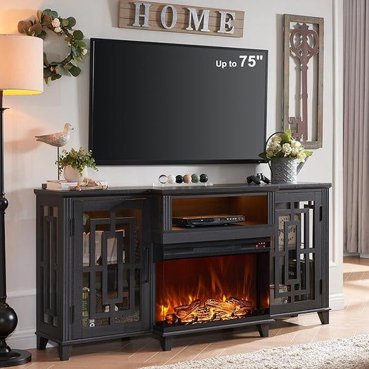 JXQTLINGMU Fireplace TV Stand for 75" TV, 32" Tall Farmhouse Entertainment Center with 26'' Electric Fireplace & LED Light, Rustic Media Console with 2 Large Storage Cabinets for Living Room, Black