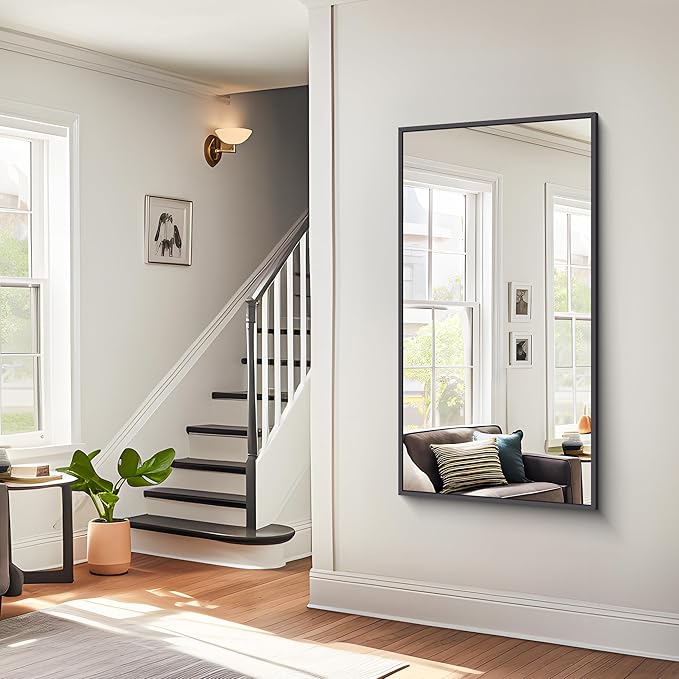 BONEWEI Bathroom Mirror,24x48 inch Wall Mirror for Bathroom Wall Mounted Black Rectangle Square Corner Mirrors, Black Bathroom Mirror for Living Room, Farmhouse, Bedroom Entryway, Horizontal/Vertical