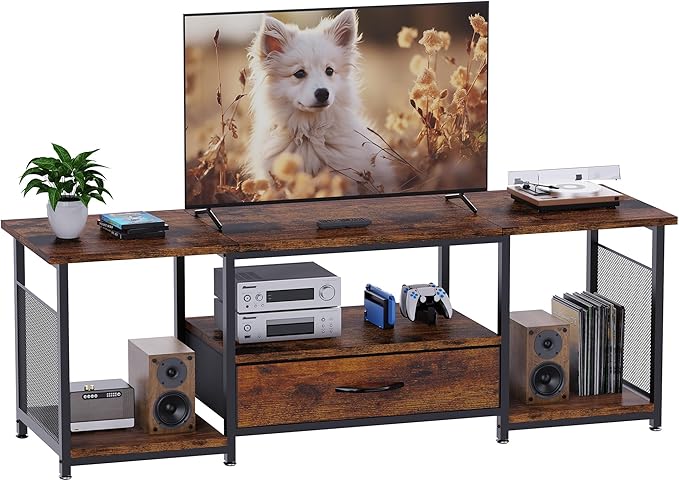TV Stand with Drawers and Open Storage Shelves for 65 60 55 Inch TV, Entertainment Center with Open Storage Shelves, Industrial Media TV Console Table for Living Room Bedroom Office, Rustic Brown