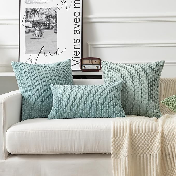 Kevin Textile Throw Pillow Covers Soft Corduroy Decorative Set of 2 Boho Striped Pillow Covers Pillowcases Farmhouse Home Decor for Couch Bed Sofa Living Room 24x24 Inch Dusty Green