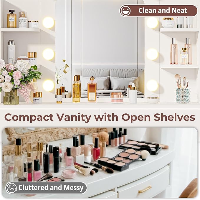 IRONCK Vanity Desk with Mirror and Lights, Small Makeup Vanity Table with 3 Color Modes, 2 Drawers, 2 Side Shelves & Open Storage Shelves, Dressing Table for Bedroom,White