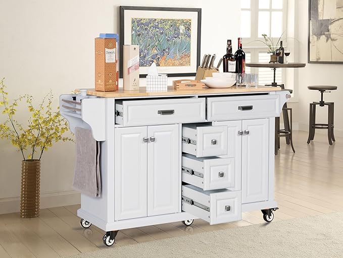 Generic 60.5"" Kitchen Island on Wheels, Rolling Island Table for Kitchen with Double Storage Cabinet and 5 Drawers, Portable Kitchen Cart with Rubber Wood Top, White, Large