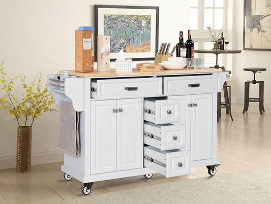 Generic 60.5"" Kitchen Island on Wheels, Rolling Island Table for Kitchen with Double Storage Cabinet and 5 Drawers, Portable Kitchen Cart with Rubber Wood Top, White, Large