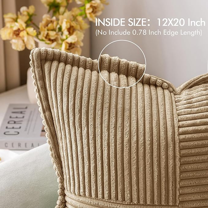 MIULEE Decorative Lumbar Throw Pillow Covers for Couch Bed Livingroom 12x20 Inch Set of 2 Khaki Boho Accent Throw Pllows Broadside Striped Patchwork Soft Corduroy Pillowcases