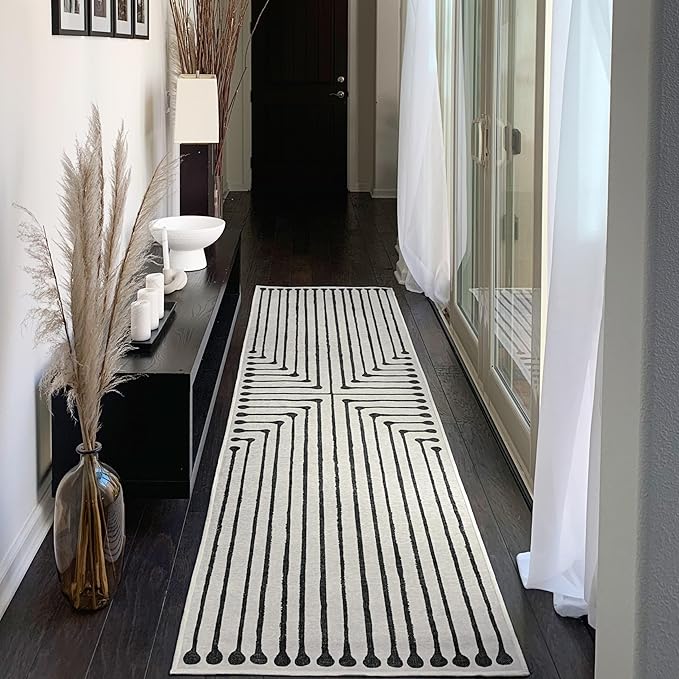 RUGGABLE x Jonathan Adler Machine Washable Modern Runner Rug – Inkdrop Black & Ivory 2.5x12, Stain-Resistant, Non-Slip – Washable Rug for Hallway, Entryway, Living Room & Kitchen–with Standard Pad