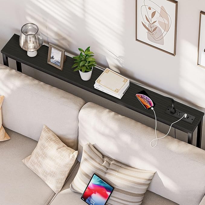 HOOBRO 47.2" Skinny Console Table with Power Outlets, 5.9" Behind Couch Table with Charging Station, Narrow Sofa Table, Long and Thin Table for Entryway, Living Room, Black BB15XG01G1