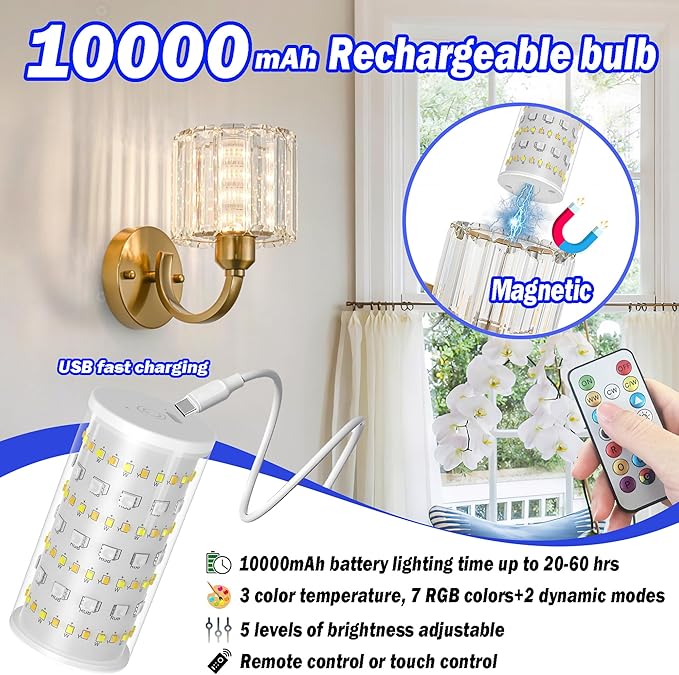 Wall Sconces Battery Operated Wall Lights Set Of Two, Wireless Rechargeable Wall Sconces With 10000mAh RGB Light Bulb, Crystal Wall Sconce With Remote Control For Bedroom, No Electrician Required