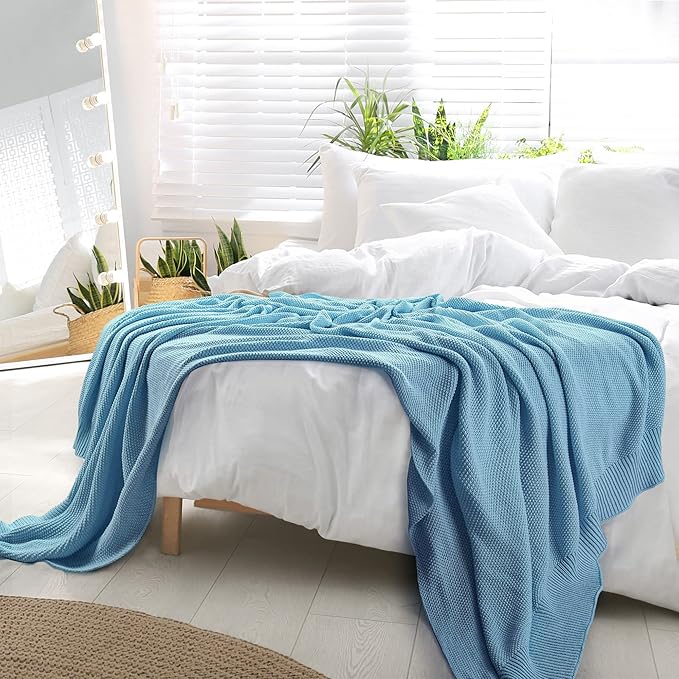 PiccoCasa 100% Cotton Knit Blanket Twin Size,Solid Lightweight Decorative Throws and Blankets,Soft Knitted Throw Blanket for Sofa Couch, Pale Azure 60" x 78"