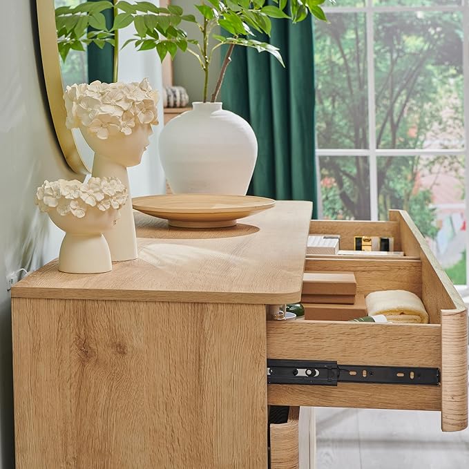 JXQTLINGMU 6 Drawer Dresser for Bedroom, 42" Tall Modern Push-to-Open Chest of Drawers, Wood Storage Organizer w/Curved Profile & Handleless Design for Bedroom, Living Room, Natural Oak