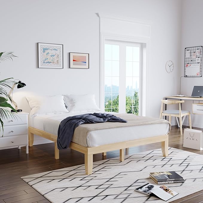 Giantex 14 Inch Queen Wood Platform Bed Frame, Minimalist Mattress Foundation with Solid Rubber Wood, Heavy Duty Slat Support, Without Headboard, Easy Assembly, No Box Spring Needed, Natural