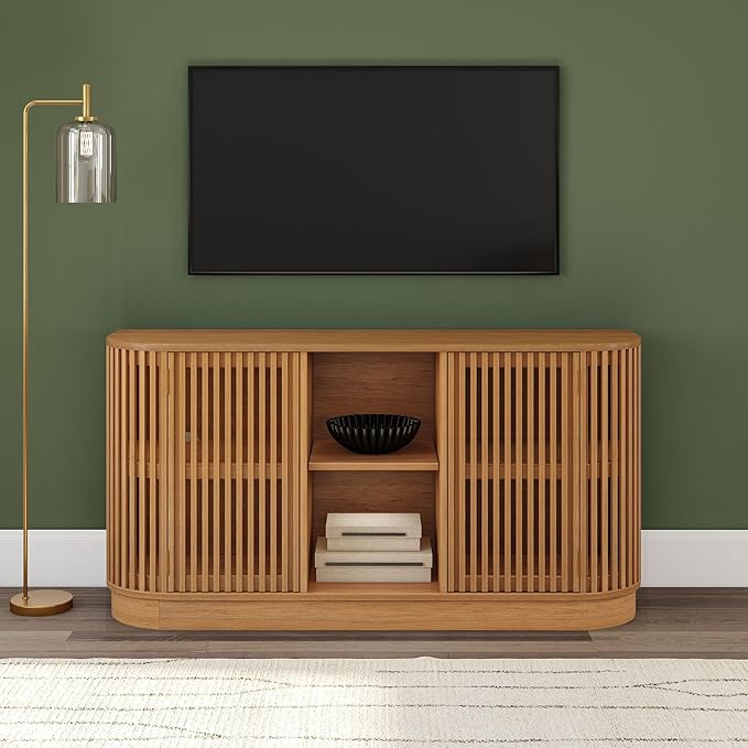Plank+Beam Contour Wood TV Stand, Two Door Solid Wood Entertainment Console with Storage, 59" L x 16" W x 30" H, Pecan