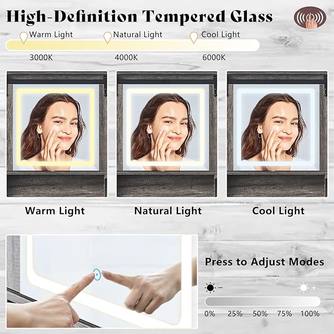 AMERLIFE 47.2" W Farmhouse Makeup Vanity Desk with Charging Station, Vanity Set with Stool & Sliding Mirror & 3 Brightness Lights, Glass Desktop, Ample Storage, Dark Oak